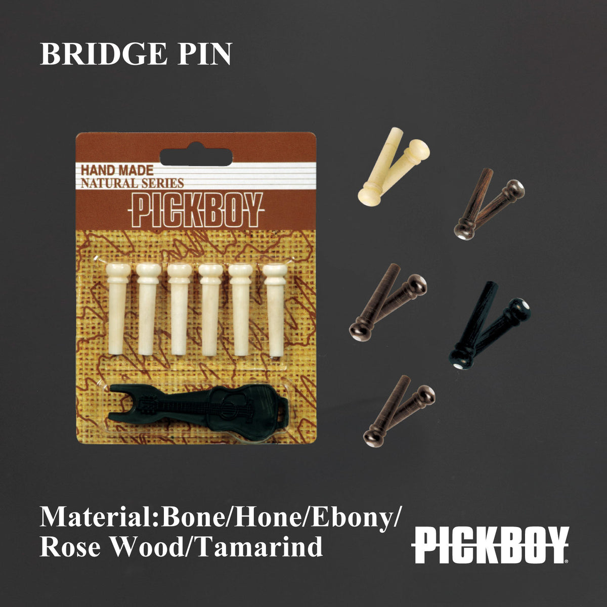 PICKBOY | Clavijas del puente Hueso (hueso de vaca)/Cuerno (cuerno de búfalo de agua)/Ébano/Palisandro/Tamarindo *Capa de clavijas incluida
